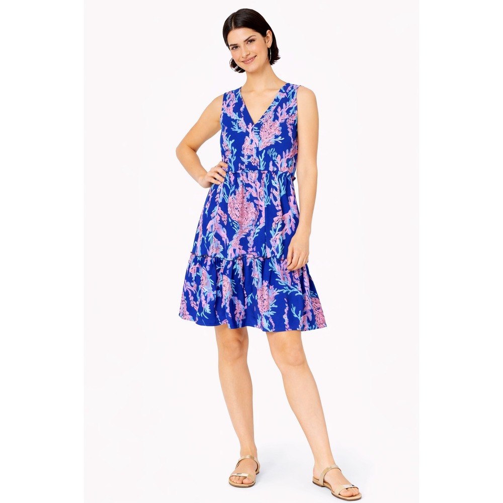LILLY PULITZER‎ Blue Coral Print Sleeveless Tiered Dress Cotton Size XL 007287